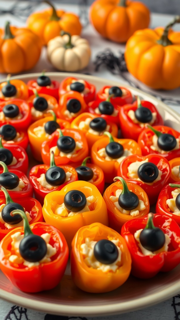 Spooky Stuffed Mini Peppers for Halloween Parties A colorful platter of stuffed mini peppers with cream cheese filling and black olive eyes, set in a Halloween-themed background.